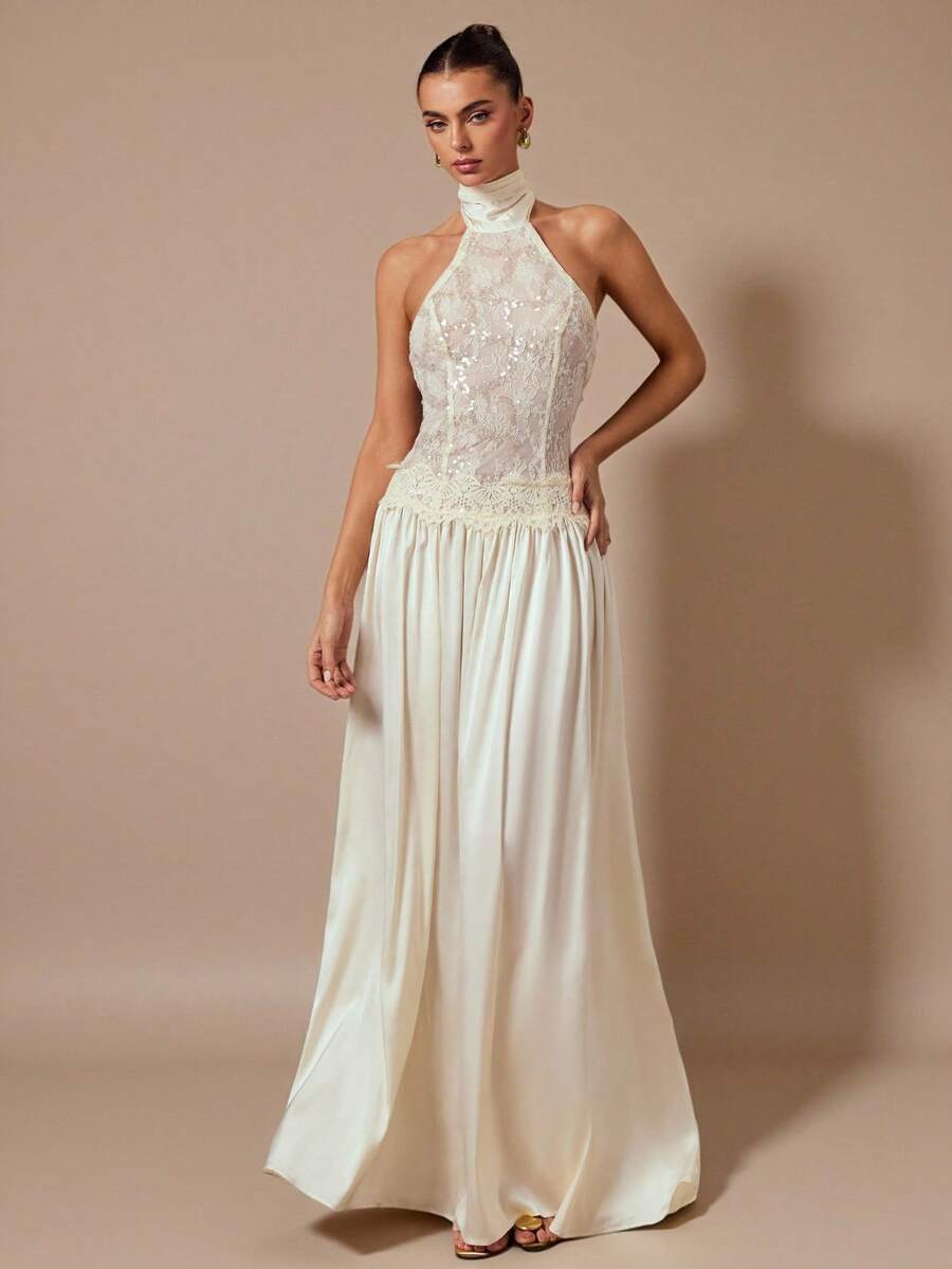 SHEIN BAE Váy dài hở lưng, hở vai, chất liệu satin, ren mơ gợi cảm, thanh lịch, sang trọng, dự tiệc cocktail - Màu be - Xem 1