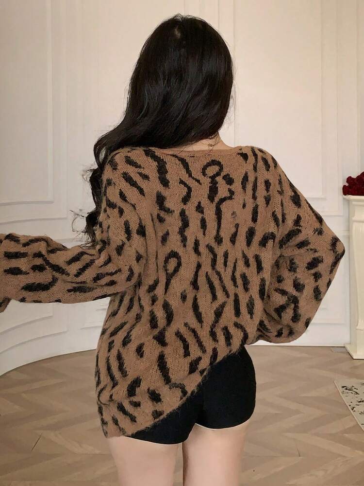 Women's Elegant Leopard Print V-Neck Sweater, Autumn/Winter