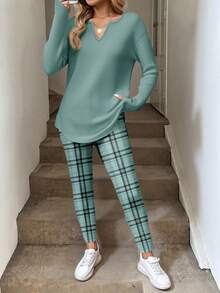 SHEIN LUNE Bộ 2 món gồm áo thun dài tay và quần legging nữ, thích hợp cho mùa thu/đông, kiểu dáng thường ngày, thoải mái và năng động. - màu xanh lá - Xem 3