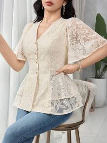 Feyla Áo kiểu nữ cổ chữ V phối ren, cài một hàng khuy, viền bèo nhún, thời trang, đa năng, tay ngắn, thích hợp cho kỳ nghỉ. - Màu be - Xem 1