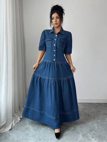 Elenzga Women's Short Puff Sleeve Single-Breasted Utility Pocket Ruffle Hem Casual Denim Dress - Medium Wash - View 3