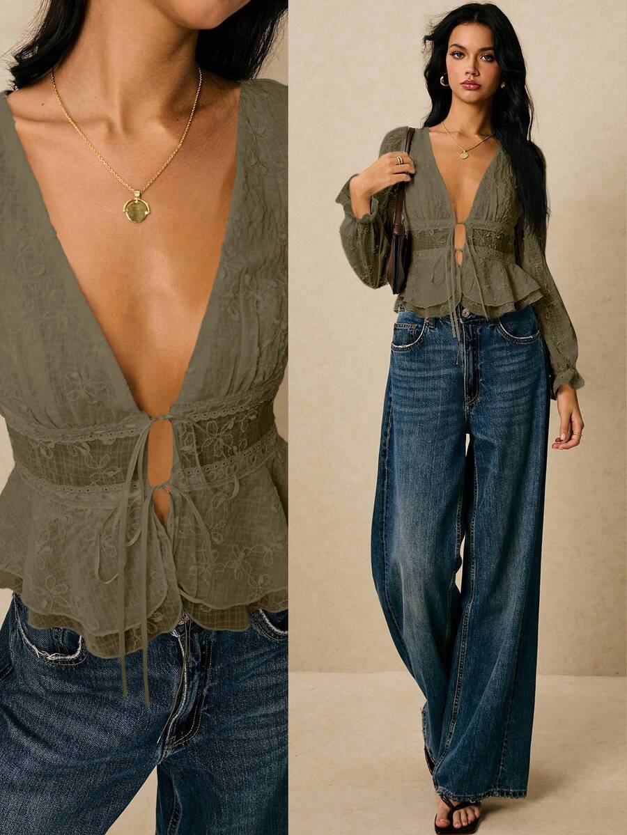 Poéselle 女士优雅性感深V领纯色花卉刺绣系带上衣 - 摩卡棕 - 查看 1