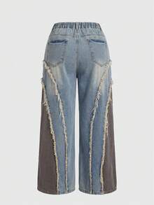 ROMWE Grunge Punk Jeans anchos de pierna ancha con diseño de split retro lavado para mujer de talla grande - Azul - Ver 7
