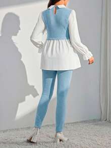 SHEIN Maternity Spring And Summer Clothing New Fashion Casual Contrasting Color Stitching Long Sleeve Two Pieces Set - Baby Blue - View 2