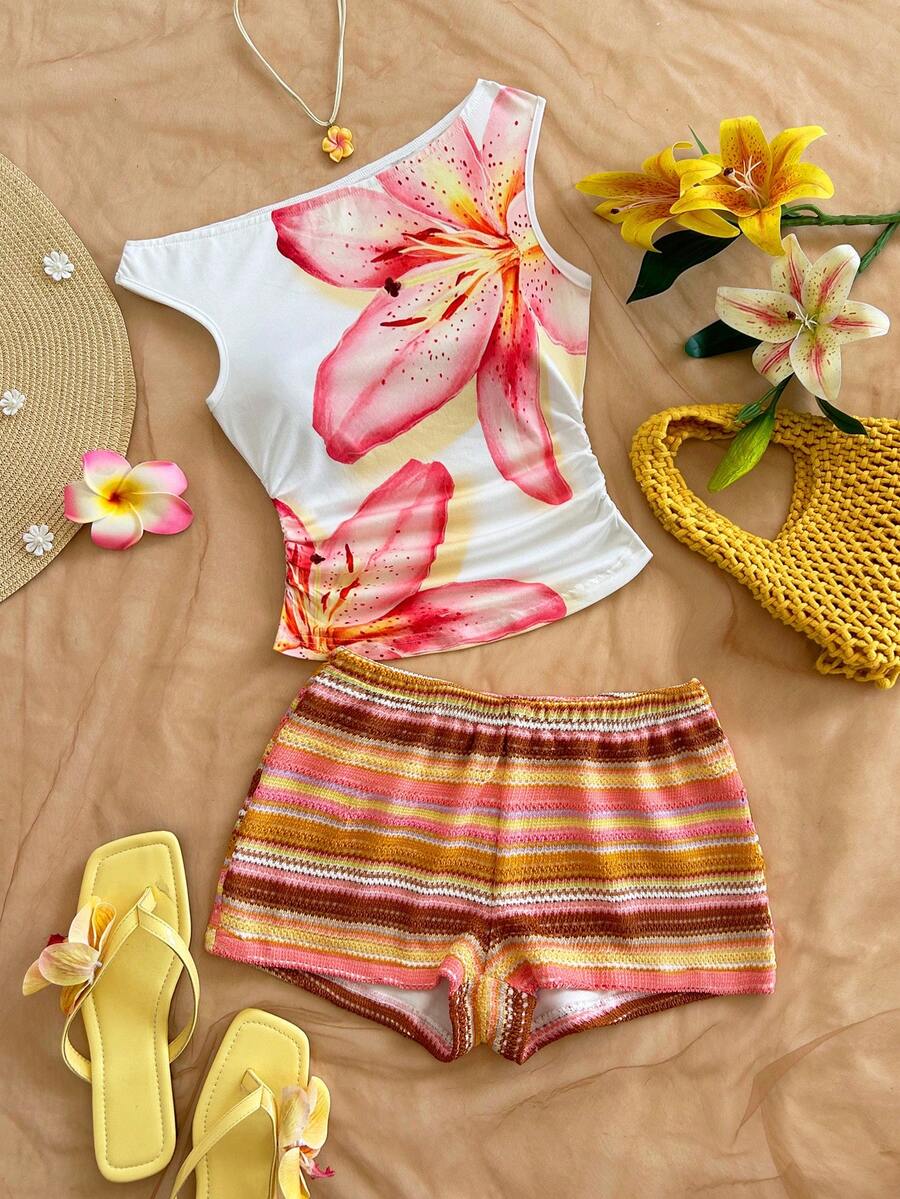 Soleia Trang phục dự tiệc cưới phong cách nghỉ dưỡng miền Tây, tiệc tốt nghiệp, lễ Thánh Patrick, kỳ nghỉ xuân, lễ Phục sinh, lễ hội âm nhạc, bộ đồ 2 mảnh sang trọng phong cách Boho nhiệt đới, chất liệu dệt kim mềm mại, màu nâu, thiết kế bất đối xứng, vai lệch, họa tiết hoa, hở lưng dành cho nữ. - Hồng - Xem 1