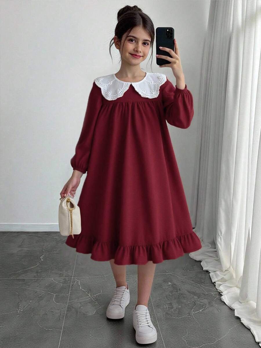 SHEIN 少女灯芯绒拼接蕾丝彼得潘领长袖连衣裙,修身休闲A字连衣裙,秋冬新品,适合年轻女孩日常穿着、上学、秋冬季,搭配白衬衫,返校季,学院风,圣诞节,女孩冬装,圣诞服装,派对服装,日常上学服装,生日服装,公主风服装,母女/姐妹亲子装。 - 酒紅色 - 查看 1
