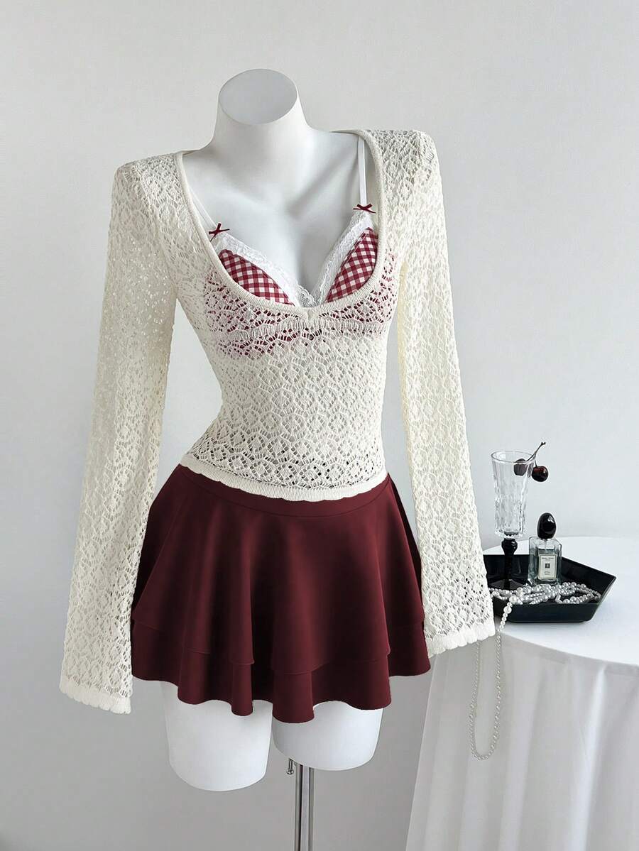 Elamini Women's Spring/Summer Sexy Versatile Scoop Neck Fitted Flare Sleeve Hollow Floral Pattern Knit Sweater Top - Beige - View 1