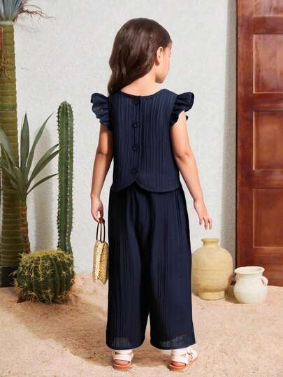 Elladie kids Young Girl Textured Fabric Short Sleeve Button Back T-Shirt & Casual Long Pants 2-Piece Set Bell Bottom Jumpsuit Kids Linen Suit For Girls Two Piece Maxi Set For Girls Blue Fancy Summer Flared Outfit Kid Summer Two Piece Set For Girls Girls Casual Versatile Girls Matching Ribbed Set Girl Casual Two Piece Set Ruffle Sleeve Top And Pants Set Two Piece Pant Set For Girls