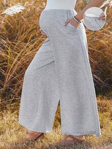 SHEIN 可调节腰围纯色宽松孕妇阔腿休闲裤 - 淺灰色 - 查看 1
