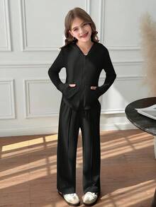 Tween Girls 2pcs Solid Drawstring Hoodie Top And Wide Leg Pants Set, Casual For Spring/Autumn, Daily Wear - Black - View 4