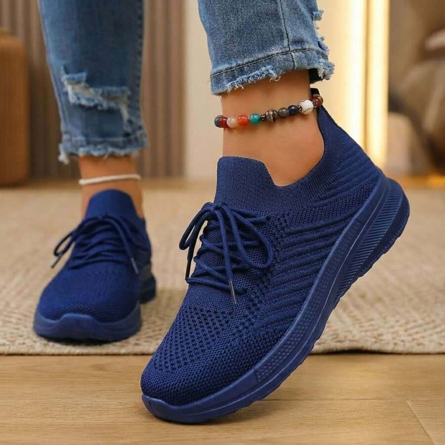 Mujer Zapatillas Deportivas De Tejido De Punto Texturizado Con Cordones Y Suela Gruesa Azul Marino - Azul Marino - Ver 1