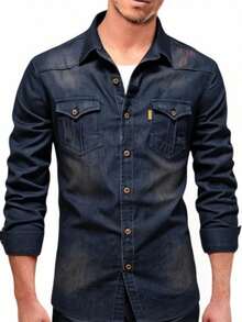 Los hombres de Slim Denim solapa de un solo pecho camisa de doble bolsillo chaqueta - Azul - Ver 5