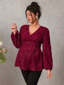 SHEIN 休闲纯色纹理灯笼袖衬衫，秋季 - 酒紅色 - 查看 2