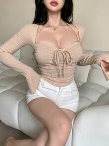DAZY Women's Solid Color Sweetheart Neck Long Sleeve Front Tie Fitted Fashionable Long Sleeve T-Shirt - Apricot - View 10
