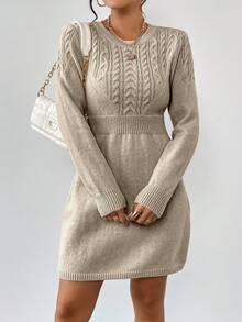 EMERY ROSE Vestido suéter de punto de cable, cuello en V de unicolor, hombros rectos, mangas largas, cintura entallada, cómodo - Camel - Ver 5