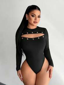 SHEIN SXY Sexy Hollow-Out Perforated Long Sleeve T-Shirt,Black ,Sexy ,Spring  ,Casual - Black - View 5