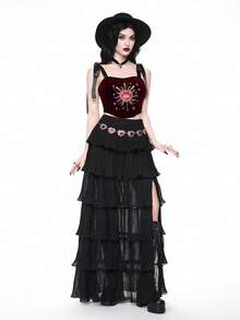 ROMWE Spring/Summervalentine's DaygraphicGothic Palace Style Women's Heart Embroidery, Rhinestone, Crystal Teardrop, Star Decor Black Halter Crop Top - Burgundy - View 3