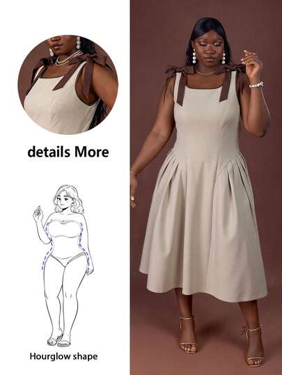 CurvyTilda 加大码圆领无袖撞色边蝴蝶结装饰腰部喇叭下摆卡其色休闲连衣裙