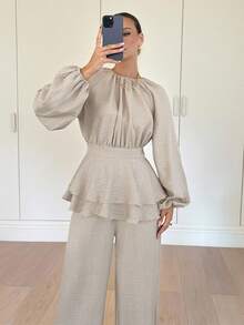 Siren Gaze Autumn/Winter New Lantern Sleeve Shirt And Pants Set, Waist Cinched Linen Two Piece Set Beige Two Piece Set Blouse And Pants Set Modest Two Piece Set Elegant Spring - Apricot - View 1