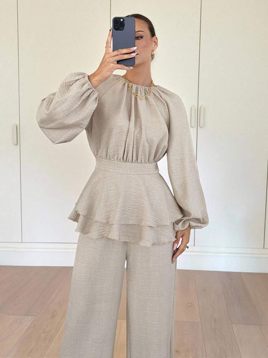 Siren Gaze Autumn/Winter New Lantern Sleeve Shirt And Pants Set, Waist Cinched Linen Two Piece Set Beige Two Piece Set Blouse And Pants Set Modest Two Piece Set Elegant Spring - Apricot - View 1