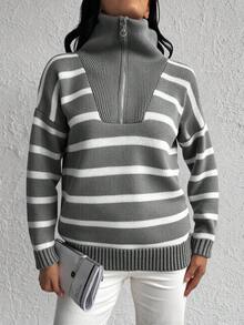 SHEIN Cottnline Half-Zip Striped Sweater - Grey - View 6