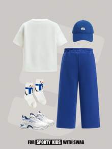 JNSQ 2pcs/Set Young Boys' Round Neck Short Sleeve Letter Print Sweatshirt And Blue Sweatpants, Spring/Summer - White - View 2