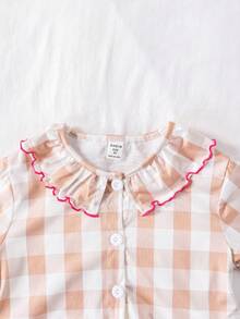 SHEIN Young Girl' Fashionable Cute Plaid Print Long Sleeve Top And Pants Homewear Set With Ruffle Collar - Yellow - View 4