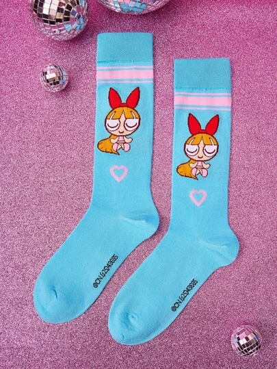 THE POWERPUFF GIRLS X SHEIN 1 Pair Women Cartoon & Letter Graphic Blue Calf Socks