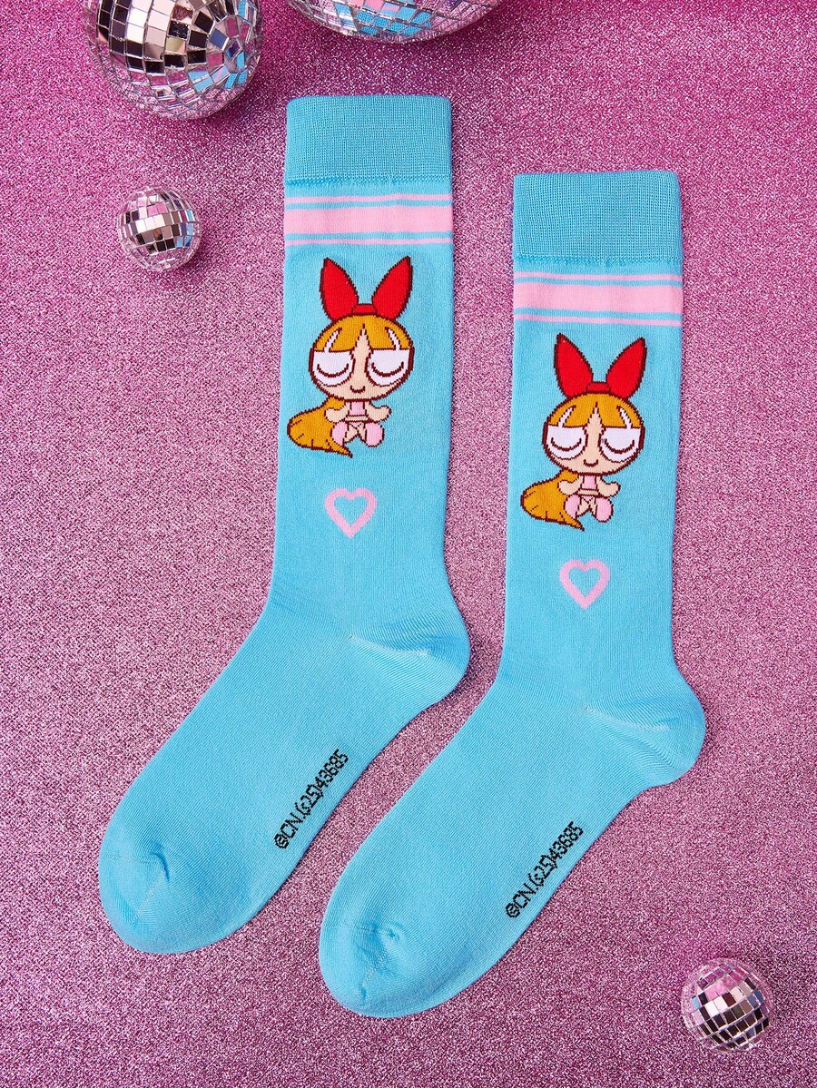 THE POWERPUFF GIRLS X SHEIN 1双女士卡通字母图案蓝色小腿袜