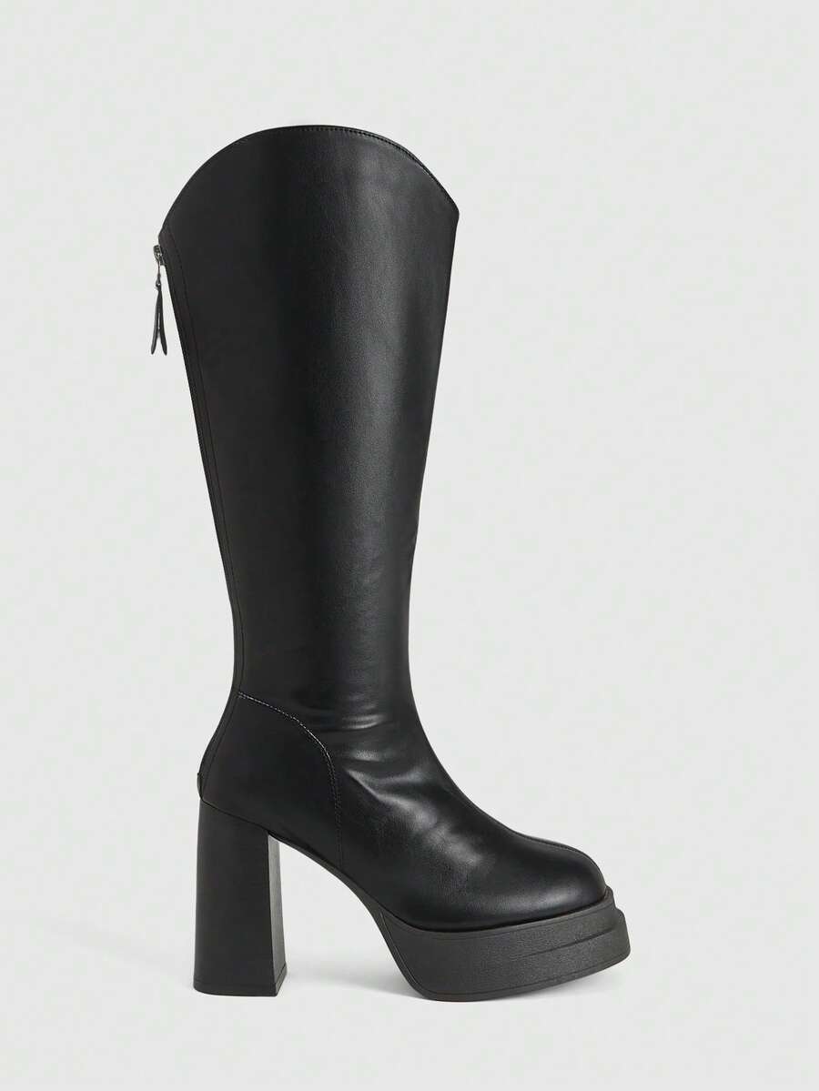 CUCCOO LuxiPop Women's Thick Sole Zipper Design Fashion Daily Wear High Heel Mid-Calf Boots - Black - View 1