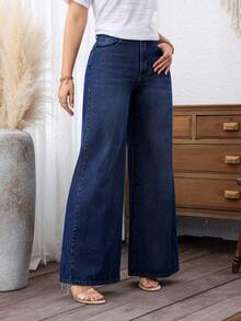SHEIN PETITE 度假休闲水洗阔腿牛仔裤 - 深色水洗藍 - 查看 5