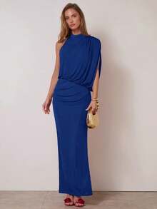 COSMINA 女士纯色立领褶皱优雅派对连衣裙 - 藍色 - 查看 4