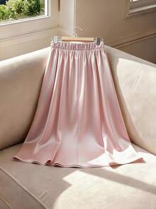 GlowEve CURVE Váy chữ A màu hồng lãng mạn, vải satin bóng cỡ lớn, thắt nơ ruy băng đen, cạp chun, dài đến giữa bắp chân dành cho nữ - Hồng - Xem 2