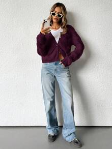 GENKIRA Áo len cardigan cổ chữ V rộng rãi, mềm mại, sang trọng kiểu Pháp - Màu tím - Xem 5