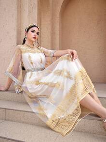 Al Najma Đầm Ả Rập thanh lịch dành cho nữ, tay loe, cổ tròn, chất liệu lưới thêu hoa. - trắng - Xem 7