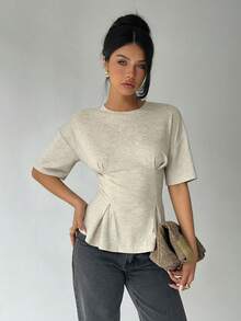 Aloruh Áo thun nữ cổ tròn dáng rộng, có xếp ly ở eo, màu trơn, thích hợp mặc đi làm và ở nhà, tay ngắn, chất liệu chiffon. - Màu be - Xem 7