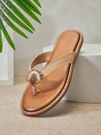 SHUZIA #CoastalChic Women's Round Toe Gold Seashell Decor&Studded Trim Raffia Textured Flat Thong Flip-Flop Sandals– Vacation-Ready, Natural & Elegant. Valentine's Day
