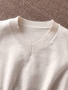 Sparklyn 女童两件套毛衣套装，V领针织上衣和裤子，时尚收腰设计，居家、户外、旅行皆宜，秋冬季针织套装休闲两件套，长袖系带上衣，女式两件套裤装 - 杏色 - 查看 3