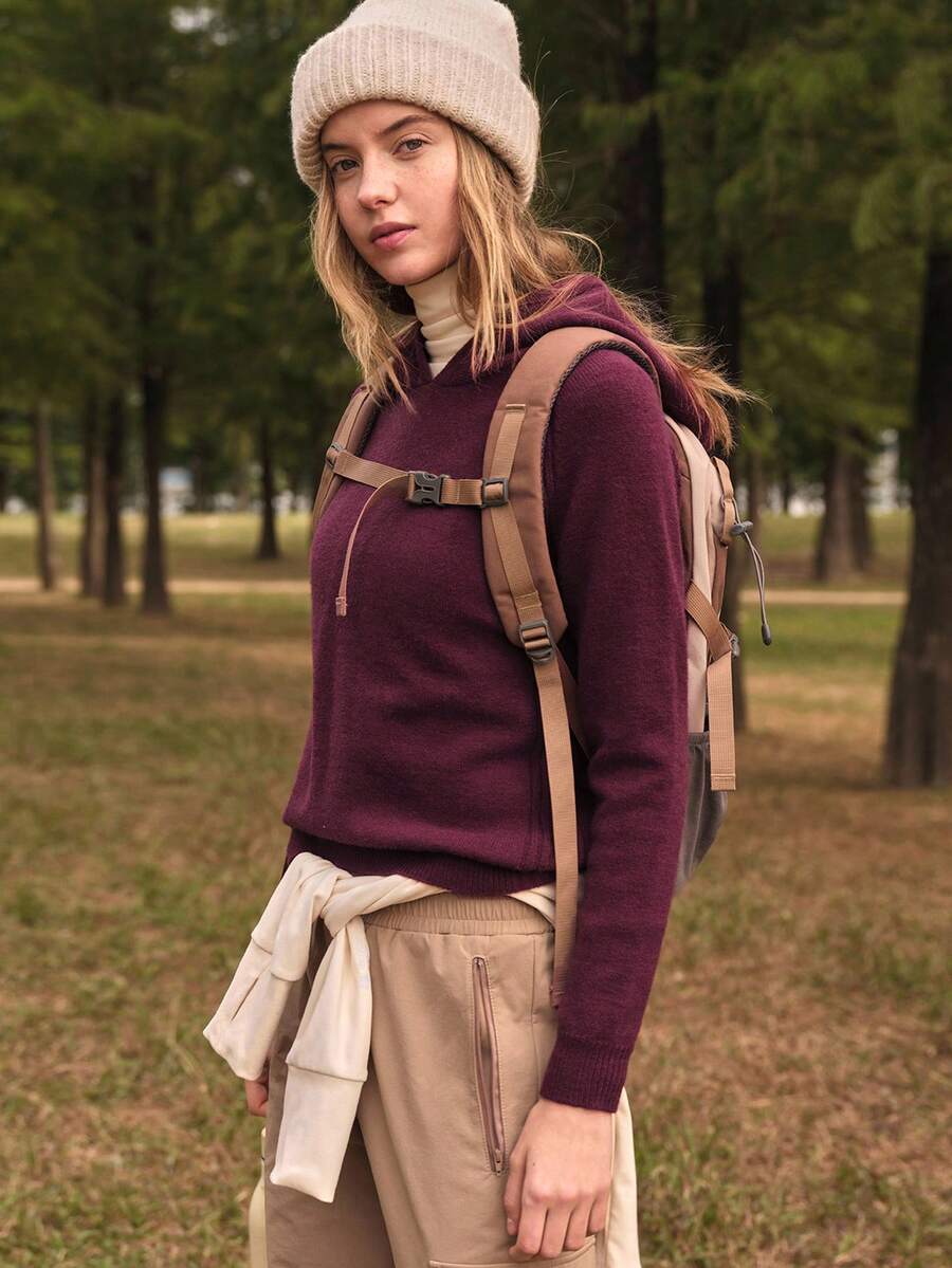 SHEIN In My Nature Women's Solid Color Regular Fit Raglan Sleeve Hooded Sweater - Coffee Brown - View 1