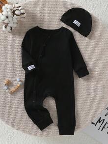 Bộ đồ ngủ 2 món cho bé trai - Đồ ngủ trẻ sơ sinh màu đen, tay dài, có khuy cài, kèm mũ, cổ tròn, một mảnh, thích hợp cho năm mới và kỳ nghỉ 2026, mọi mùa, mềm mại, co giãn, thoáng khí, dễ mặc và cởi. - màu đen - Xem 1