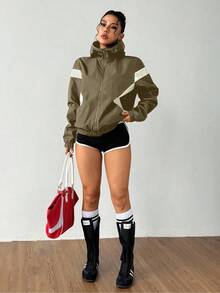 Exploreva Áo khoác lông cừu ngoài trời có khóa kéo dành cho nữ, tay dài thường ngày - Màu xanh Ô liu - Xem 7