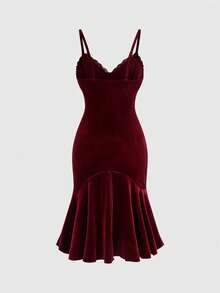 ROMWE Goth 复古Y2K豹纹撞色褶皱鸡尾酒连衣裙（女款） - 酒紅色 - 查看 2