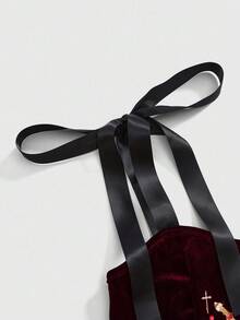 ROMWE Spring/Summervalentine's DaygraphicGothic Palace Style Women's Heart Embroidery, Rhinestone, Crystal Teardrop, Star Decor Black Halter Crop Top - Burgundy - View 7