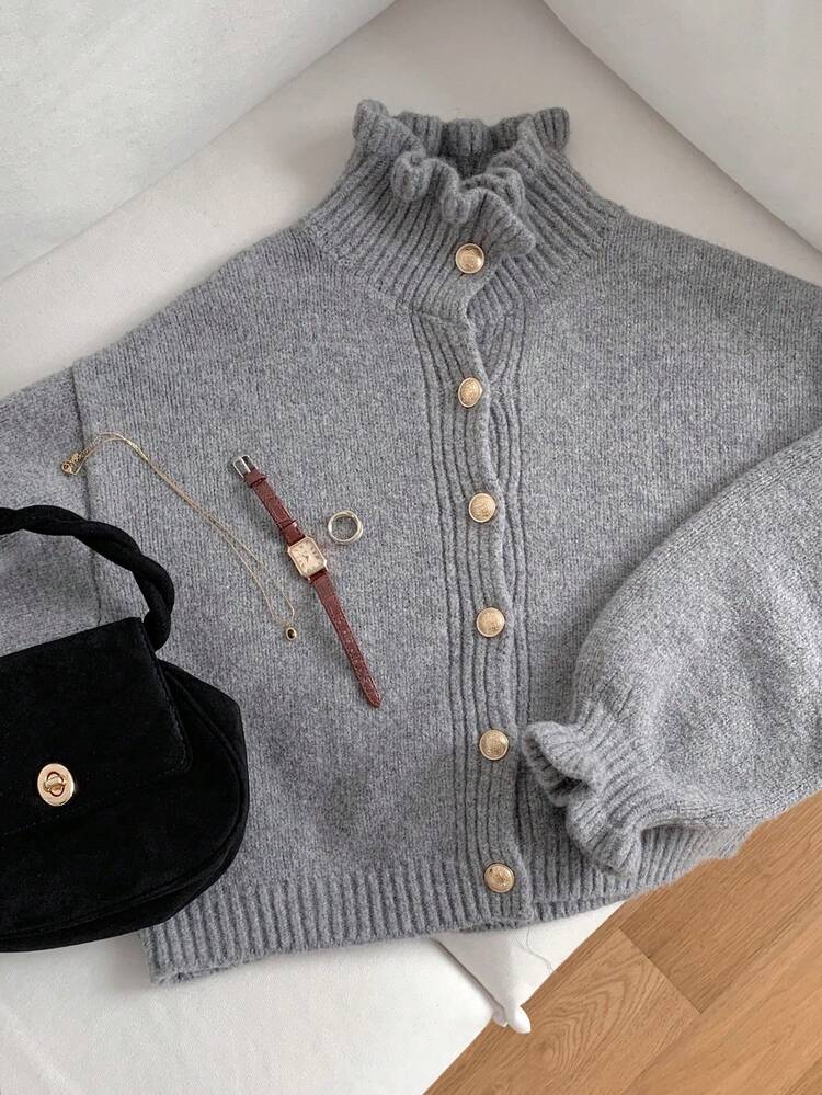 Women's Solid Color Drop Shoulder Long Sleeve Casual Knit Cardigan, Autumn/Winter