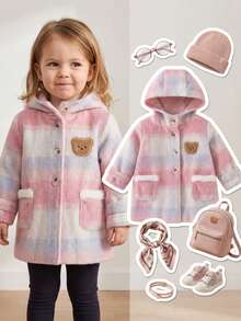 SHEIN 1件女婴可爱甜美时尚粉蓝格子图案小熊贴布装饰长袖连帽纽扣加厚柔软外套冬季大衣外套上衣带毛绒口袋，适合学校派对生日礼物圣诞节假期新年秋季冬季穿着 - 粉色 - 查看 7