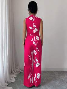 Elenzga 女士深V领印花系带连体裤，时尚百搭，适合度假和派对 - 玫紅色 - 查看 2