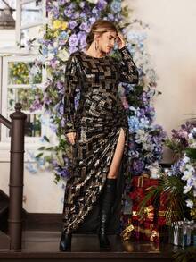 VOLUPTÉ CURVE Elegant Plus Size Spring New Arrival Dress, Sparkly Geometric Embroidery Decor, Round Neck Long Sleeve, Fitted Waist, High Slit, Maxi Length, Suitable For Party, Birthday, Anniversary, Holiday Occasions - Black - View 3