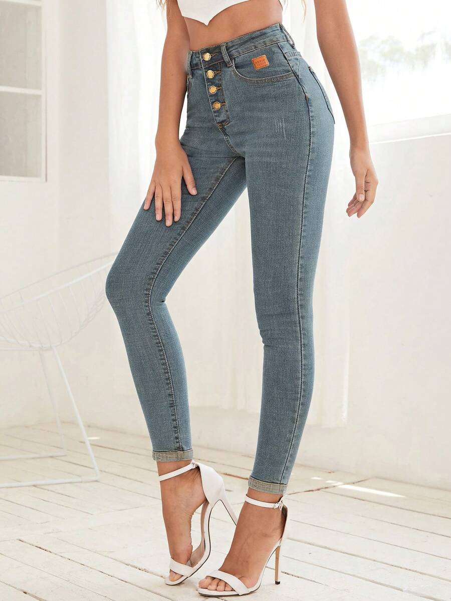 SHEIN Frenchy Jeans décontractés en denim à boutons et poches pour femmes, polyvalents et près du corps - Jean bleu - Voir 1