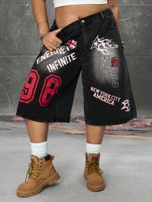 ROMWE Grunge Punk Quần short lửng denim dáng rộng, cỡ lớn, phong cách đường phố retro, kiểu dáng mô tô, phù hợp cho học sinh, in số và chữ cái tiếng Anh, cờ Anh. - màu đen - Xem 2
