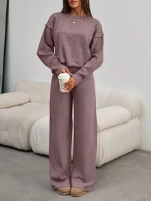 EURMUSE Women Round Neck Rib Knitted Sweater And Sweater Pant 2pcs Sets Co-Ord